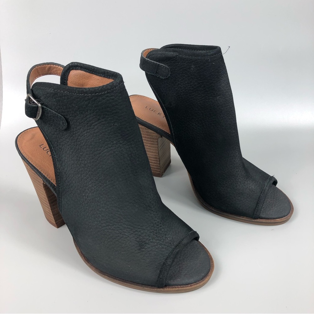 Lucky Brand Lisza Women’s Leather Stacked Heeled Booties Size 6.5M